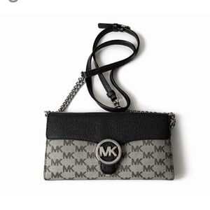 Michael Kors MK Logo Chain Crossbody Wallet Black Leather Monogram Clutch Bag